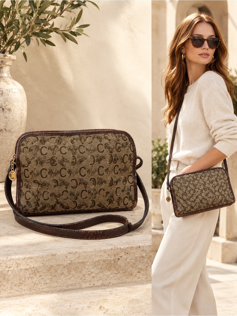 Vintage Celine Macadam Monogram Crossbody Bag Brown Tan